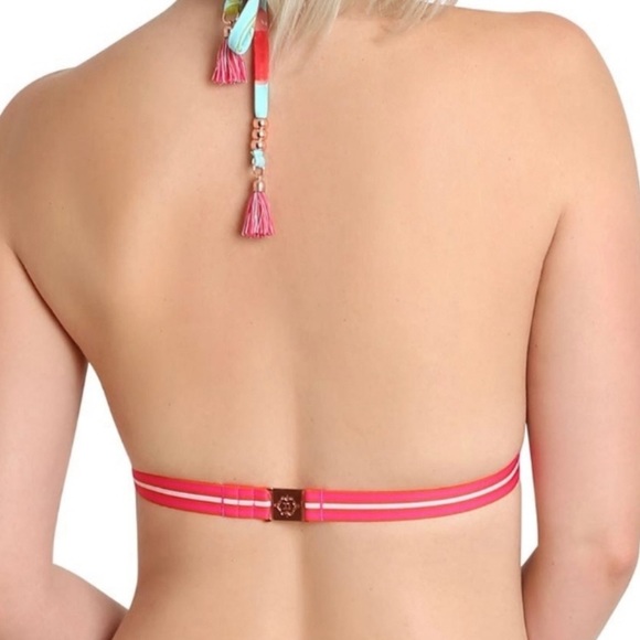 Nanette Lepore Blue Floral Triangle Bikini Top Francesca Tassels Rose Gold Sz6 - Picture 2 of 12